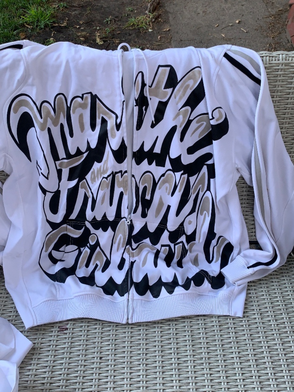 Marithe Francois Girbaud White Zip-Up Hoodie with Black & Tan Script